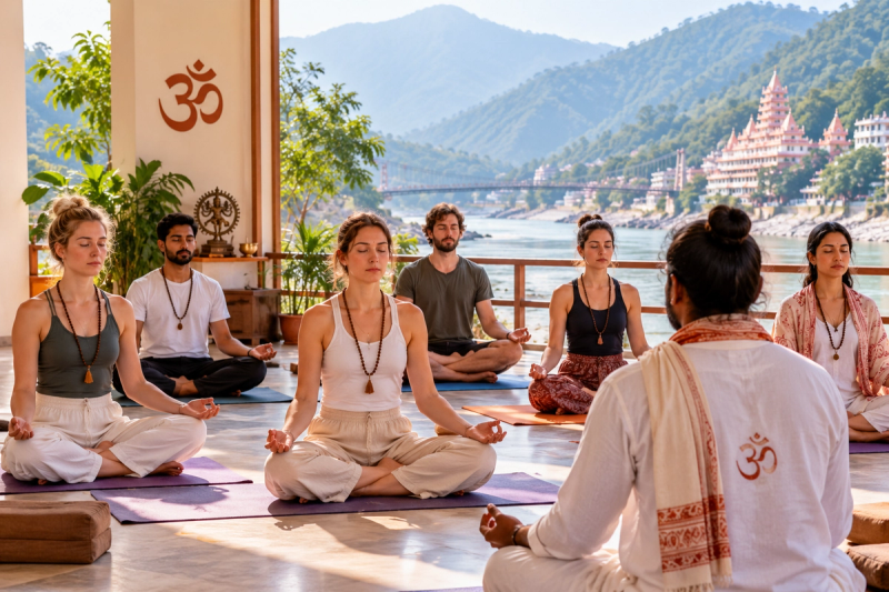 Yoga students studying samadhi and meditation in Rishikesh