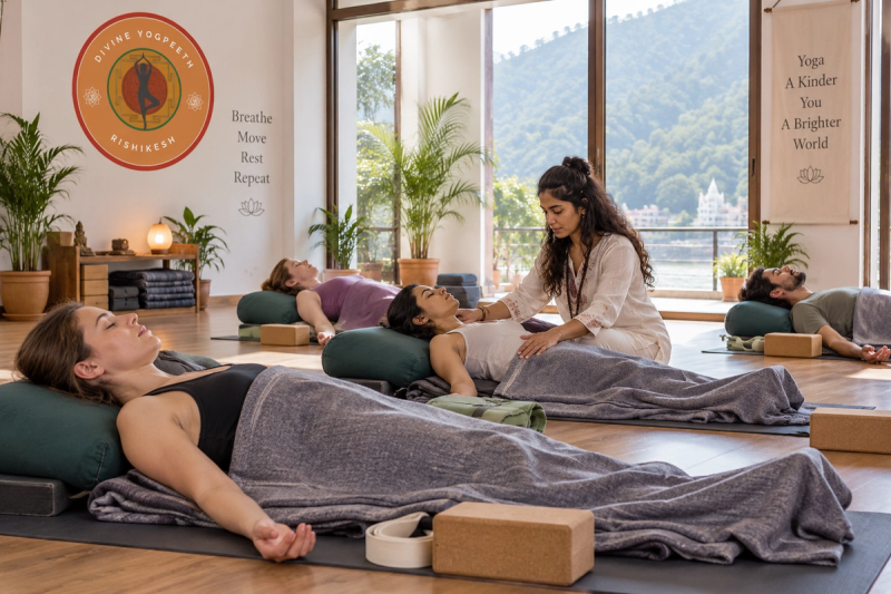 Restorative yoga teacher training with props in Rishikesh