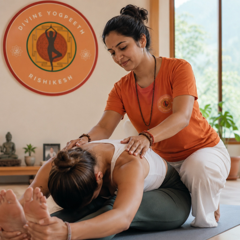 Learning safe adjustments during yoga teaching methodology TTC.