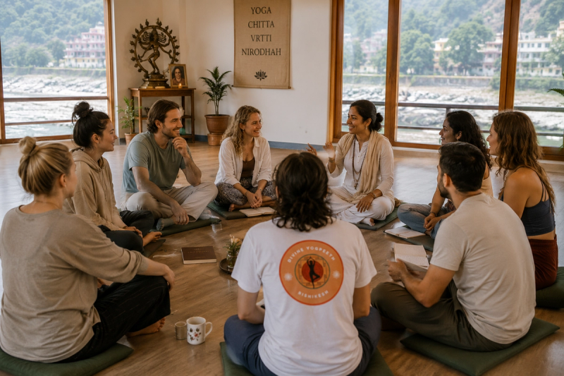 Students at Divine Yogpeeth discussing yoga philosophy modern practice importance.