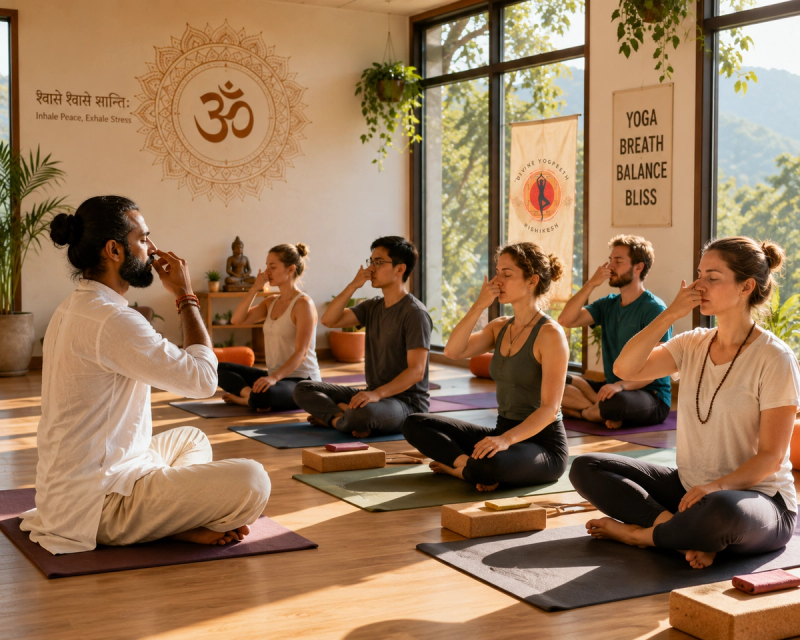 Group of global students engaged in breath control exercises at a certified school.