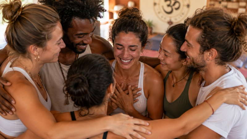 Dedicated yoga students beautifully bonding during their unforgettable emotional experience yoga teacher training India.