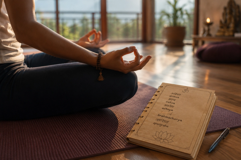 Notebook filled with basic sanskrit words for yoga during training.