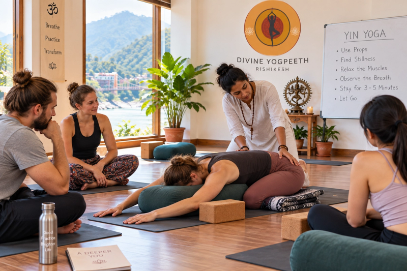 Yin yoga teacher training 200 hour course anatomy and prop practice in Rishikesh