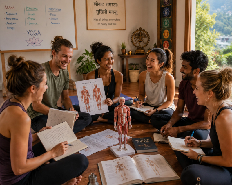 Yoga students studying anatomy for their 200 hour yoga certification in Rishikesh