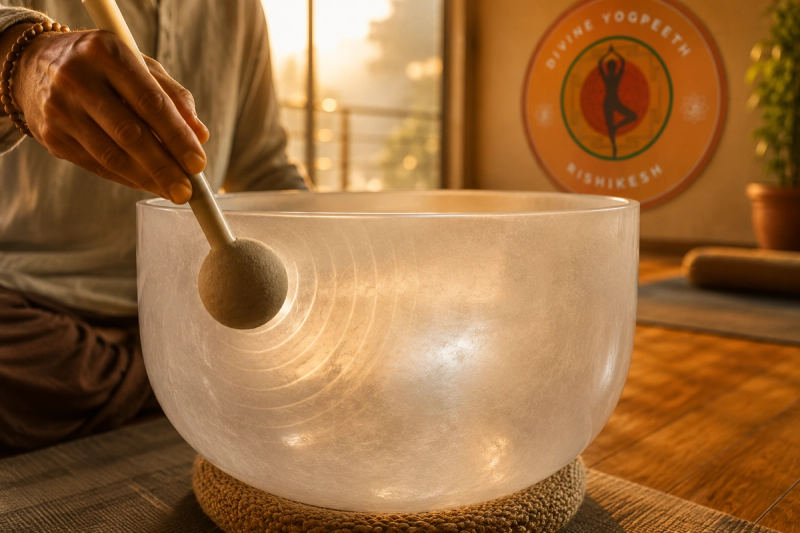 Practitioner using a crystal bowl for sound healing anxiety stress reduction science to calm the nervous system.