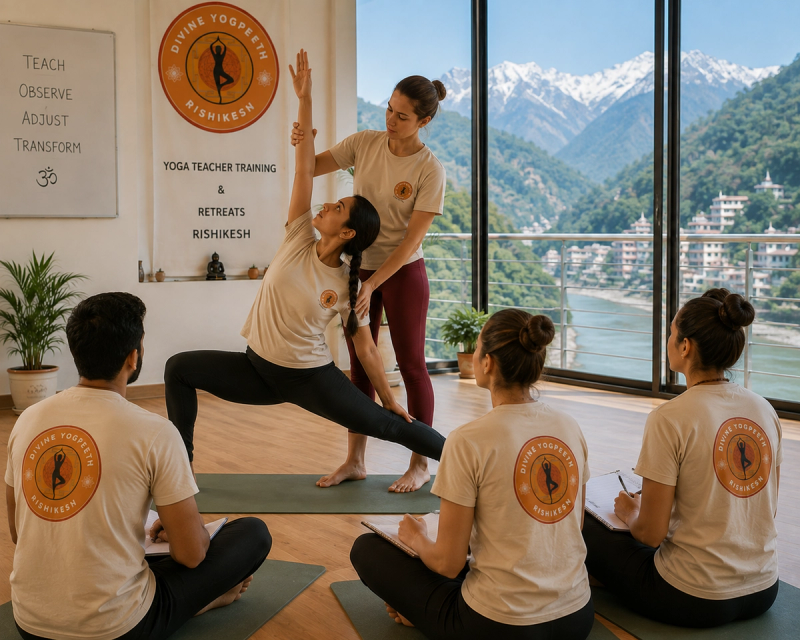 A confident yoga student demonstrating hands-on adjustments on a peer during a practical teaching practicum, with the Himalayas visible through a large window.