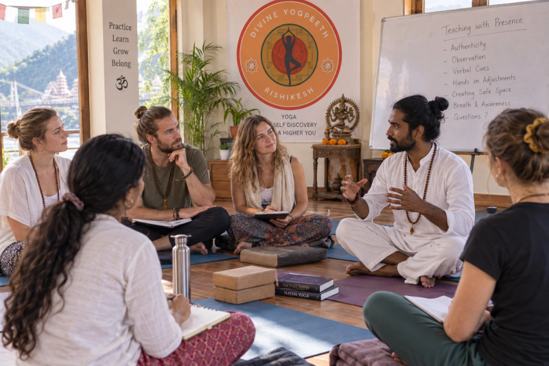 Yoga teacher training group dynamics community during a class discussion in Rishikesh