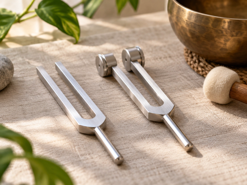 Weighted and unweighted tuning forks for sound healing practice in Rishikesh