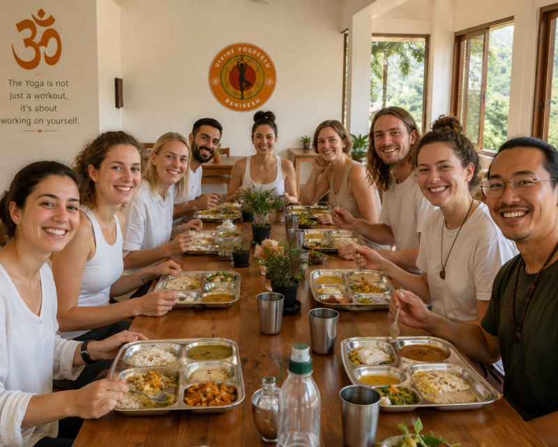 Yoga students enjoying a healthy sattvic meal at their accommodation in Rishikesh
