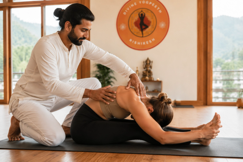 Yoga teacher providing safe physical adjustments during teaching methodology 200 hour YTT.