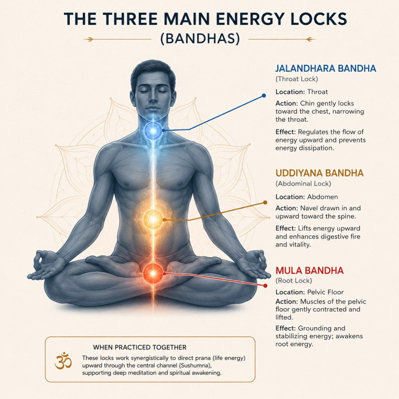 Diagram showing core bandhas yoga types how to practice safely.