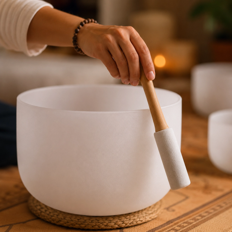 Striking a crystal singing bowl to create healing frequencies for the nervous system.