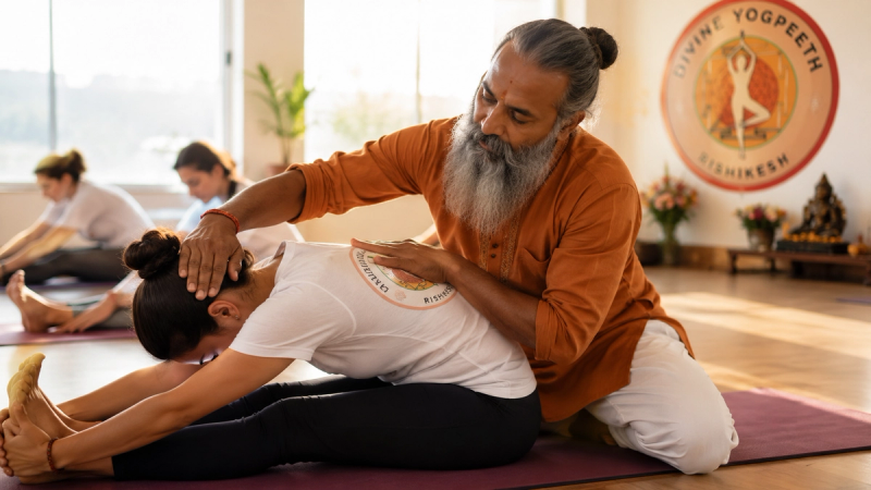Expert teacher correcting student alignment during an authentic Divine Yogpeeth review in Rishikesh.