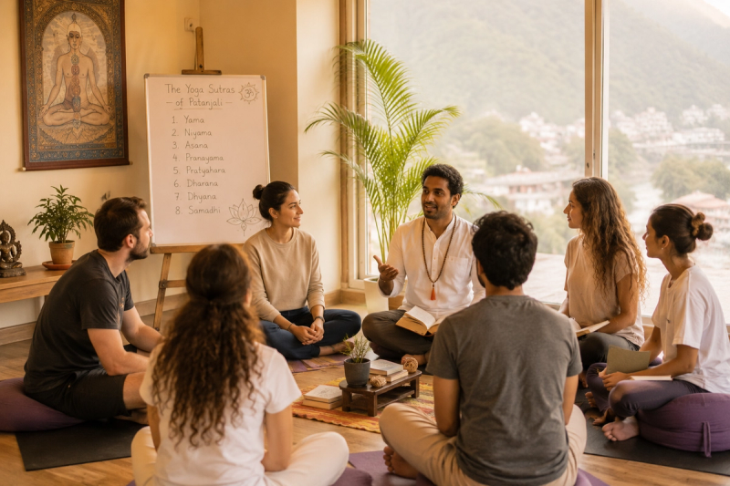 Students learning the mental yoga vs stretching difference benefits during a Rishikesh retreat.