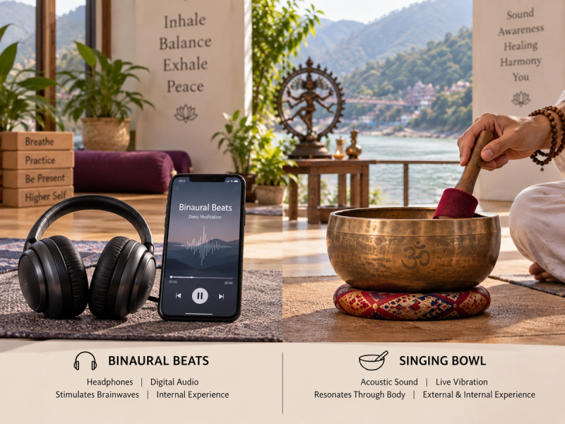 Binaural beats vs singing bowls healing comparison for meditation in Rishikesh