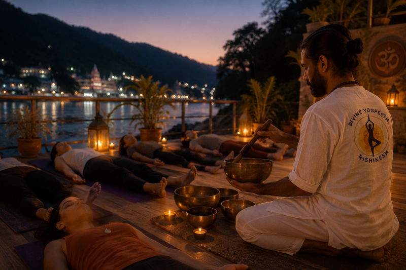 Evening sound healing and relaxation during a yoga teacher training routine