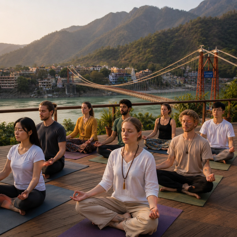international students preparing for a yoga retreat rishikesh foreigners guide by the ganges river