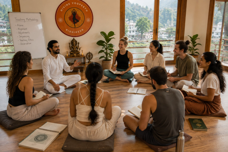 Yoga students taking notes on sequencing during teaching methodology 200 hour YTT in India.