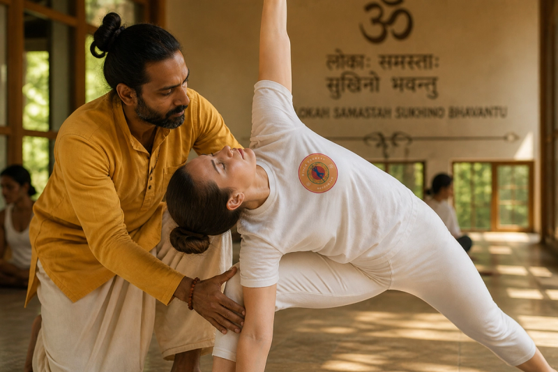 Teacher correcting student alignment during authentic yoga in Rishikesh training class.