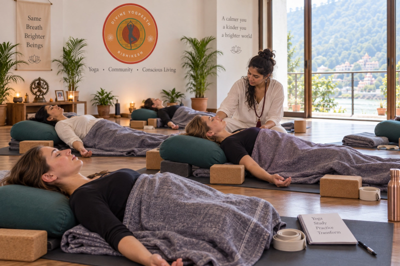 Restorative yoga 200 hour TTC practice in Rishikesh after active training