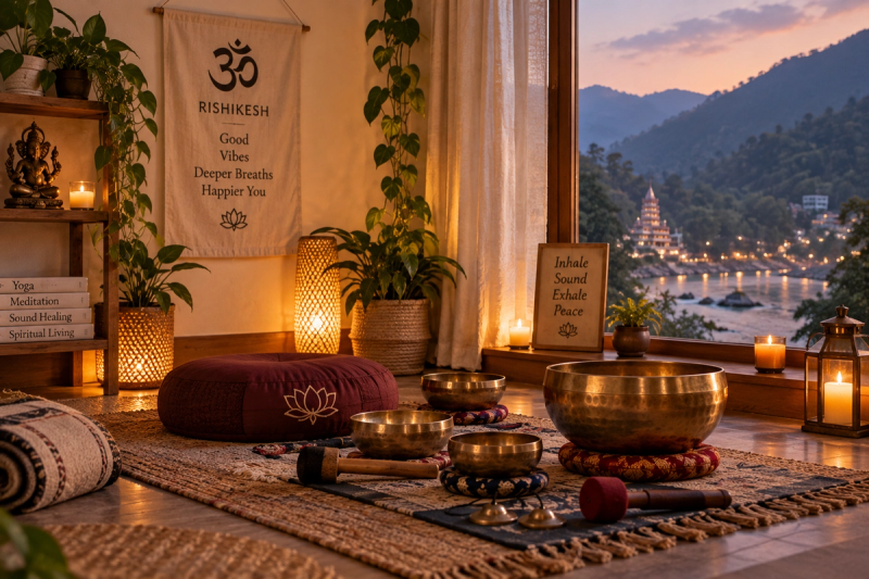 Sound healing practice space at home with Rishikesh-inspired calm atmosphere
