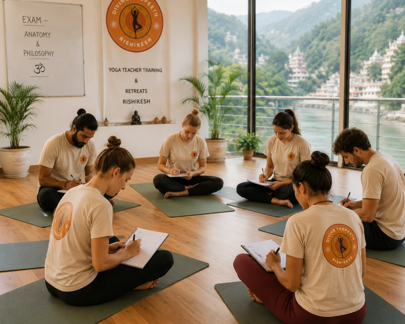 Students completing the written portion of their 100 hour YTT exam assessment evaluation in Rishikesh.