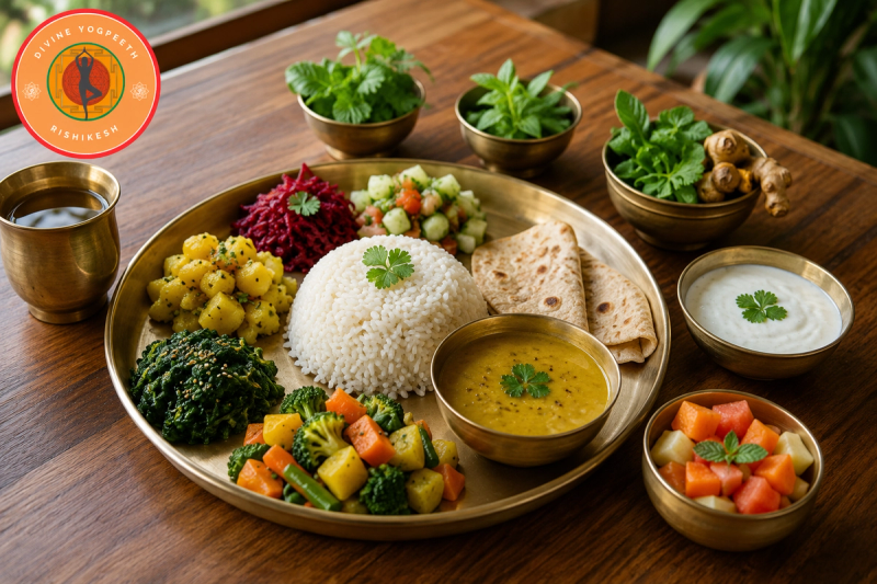 Traditional sattvic diet meal served at an Ayurveda yoga retreat Rishikesh.