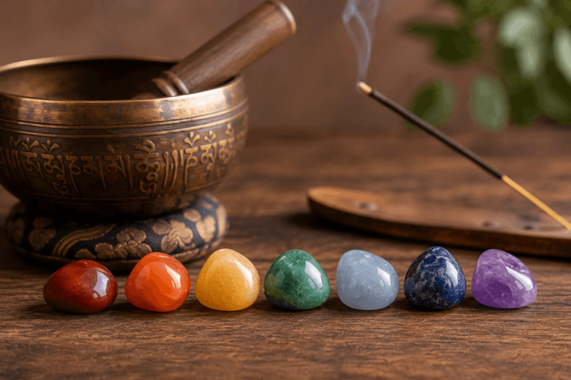 Healing crystals and singing bowls used for energy alignment and root chakra healing.