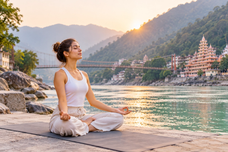Desk-worker yoga practice in Rishikesh near the Ganga