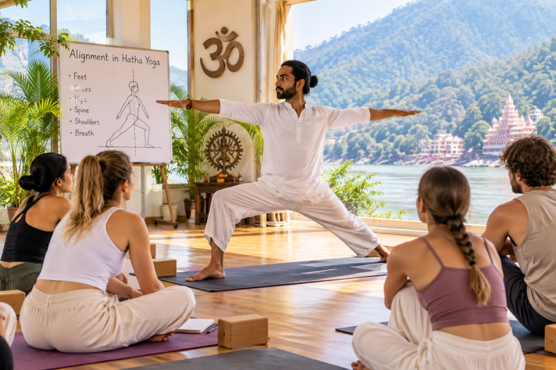 Hatha yoga fundamentals 100 hour TTC alignment practice in Rishikesh