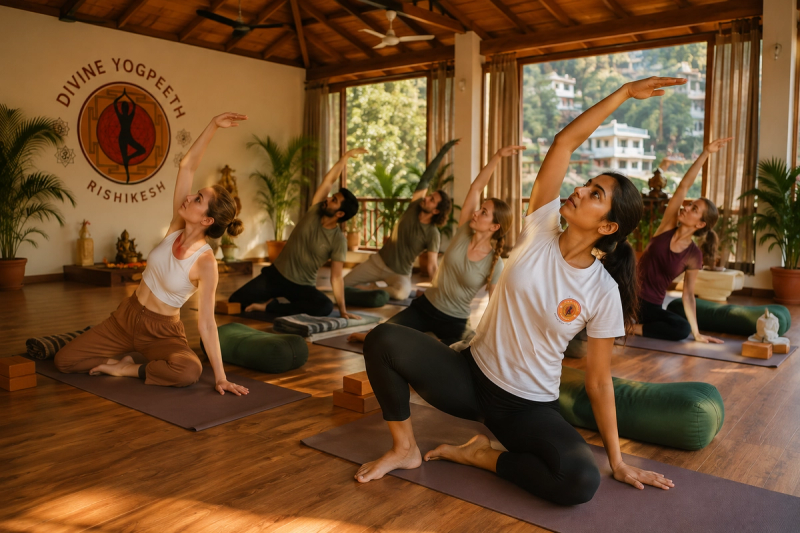 Group retreat in Rishikesh demonstrating clinical yoga therapy benefits for mental health