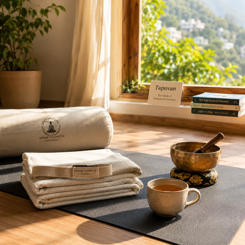 Relaxing accommodation setup for an introductory retreat Rishikesh program at Divine Yogpeeth.