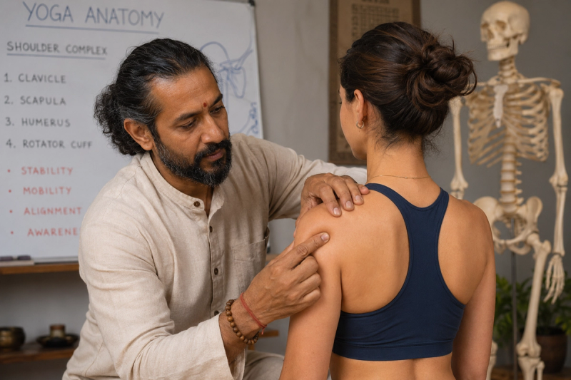Teacher explaining anatomy alignment for a registered yoga teacher 200 hours class.
