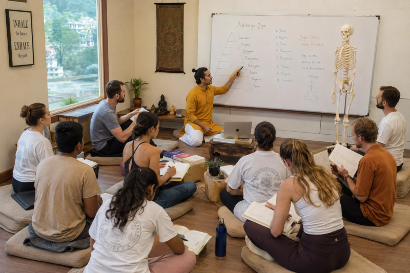 100 hour YTT daily schedule explained with yoga theory class in Rishikesh