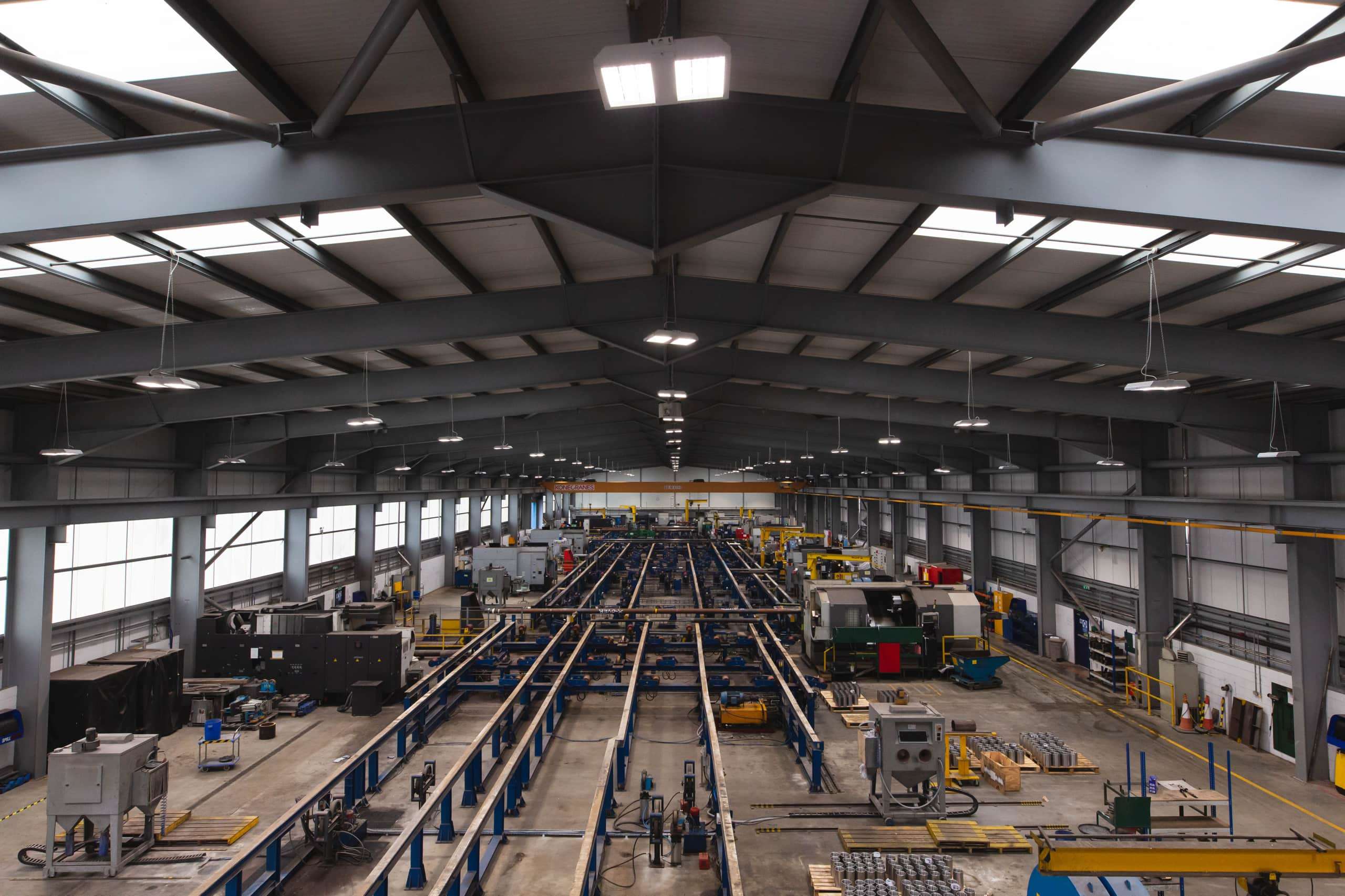 Wide angle shot of the inside of a pipe construction facility
