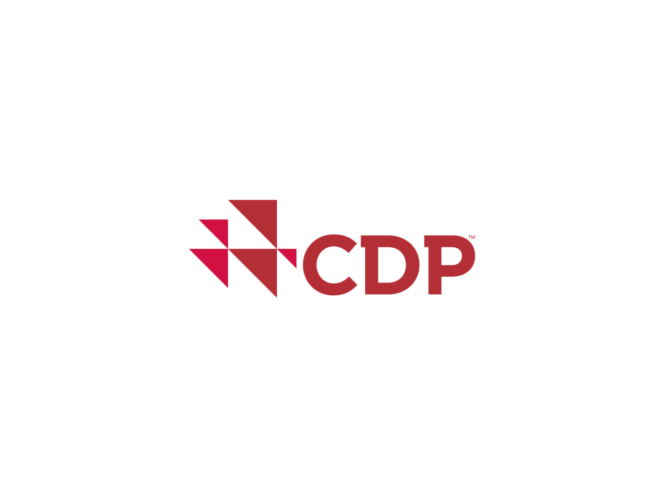 CDP logo, red letters with CDP on right, 5 tilted triangles in various sizes on left facing right top