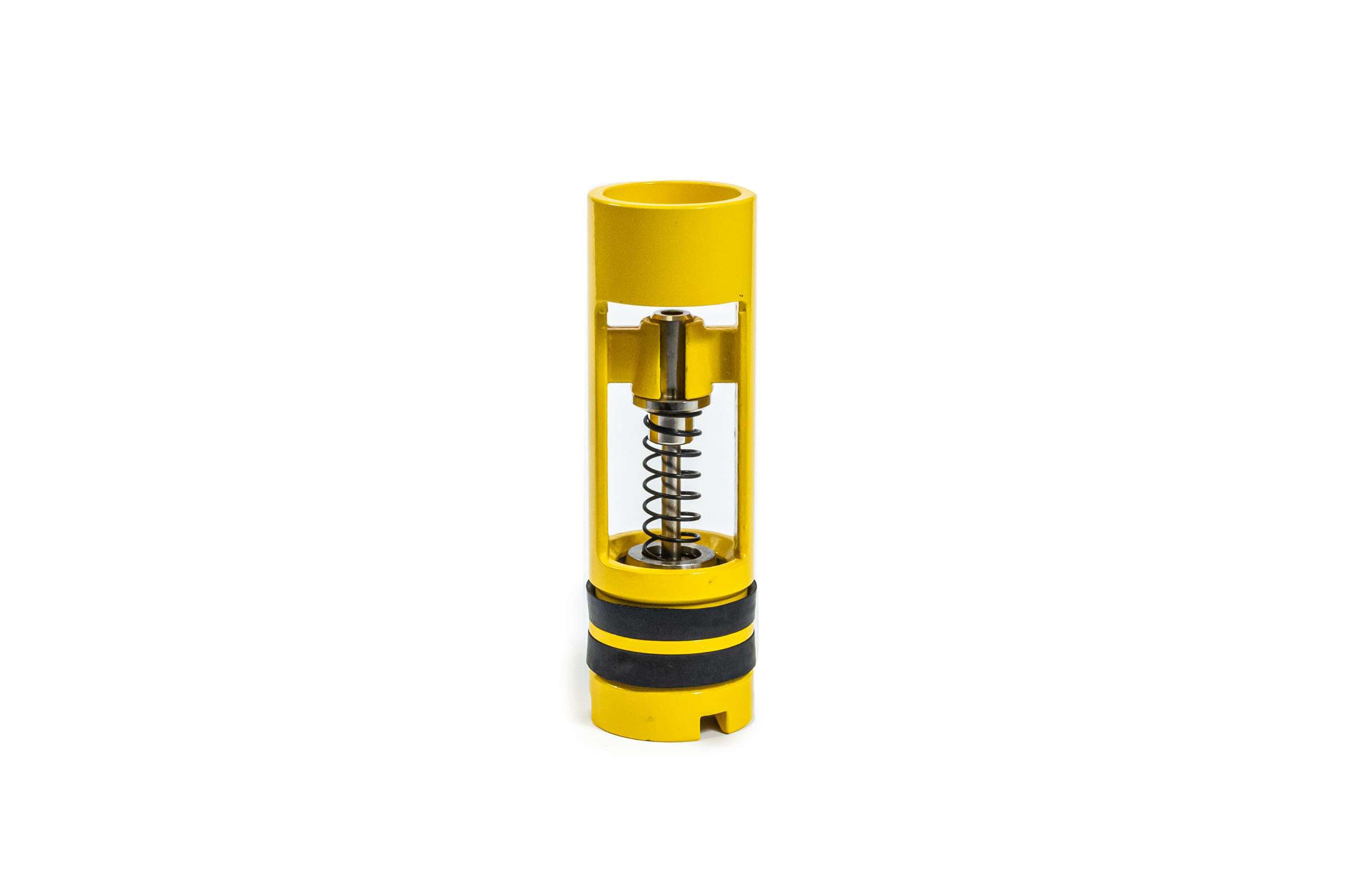 Yellow float valve with 2 black rubber seals and spring in the center
