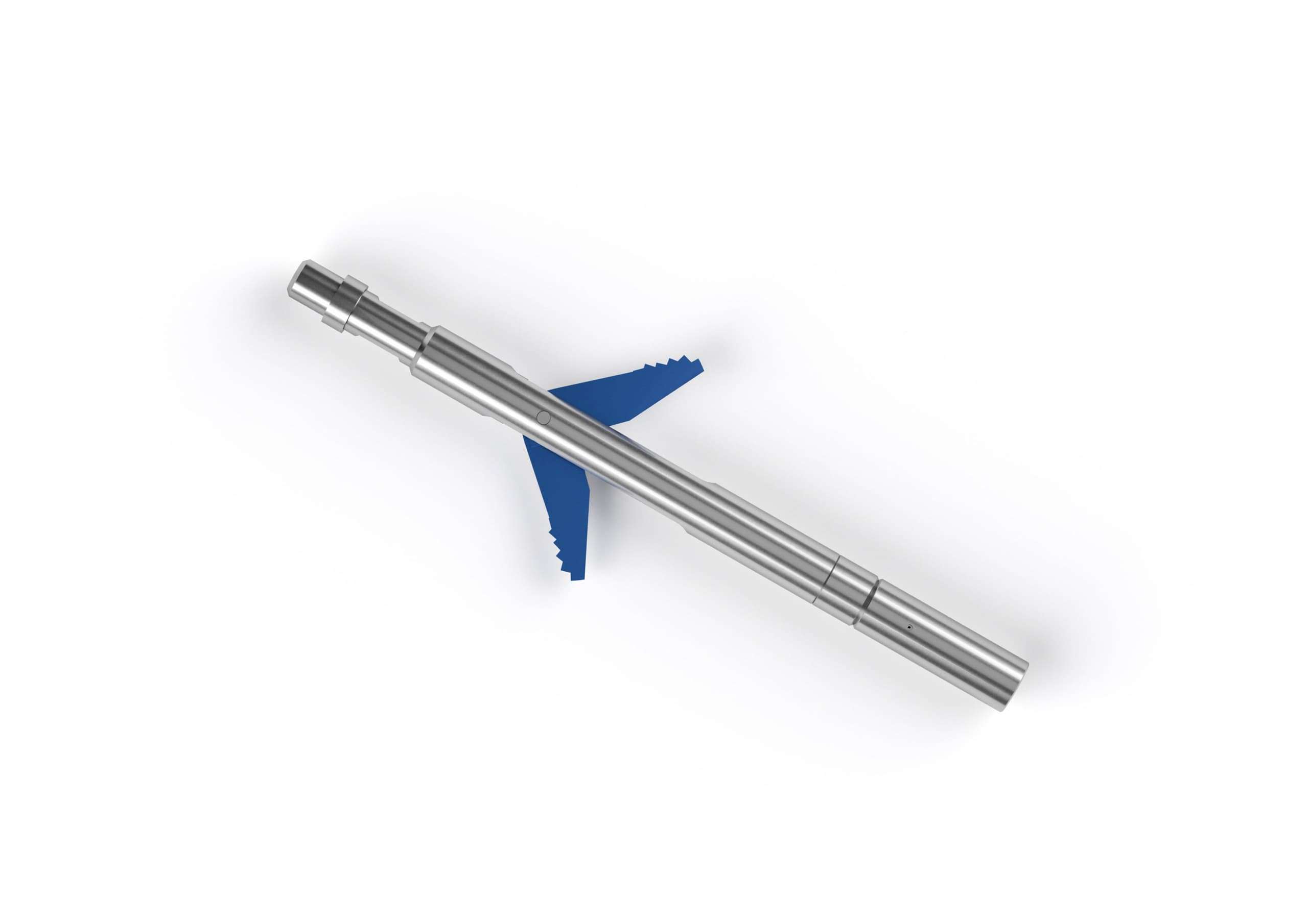 Metal rod getting thinner at one end with 2 blue wing shaped elements in the center