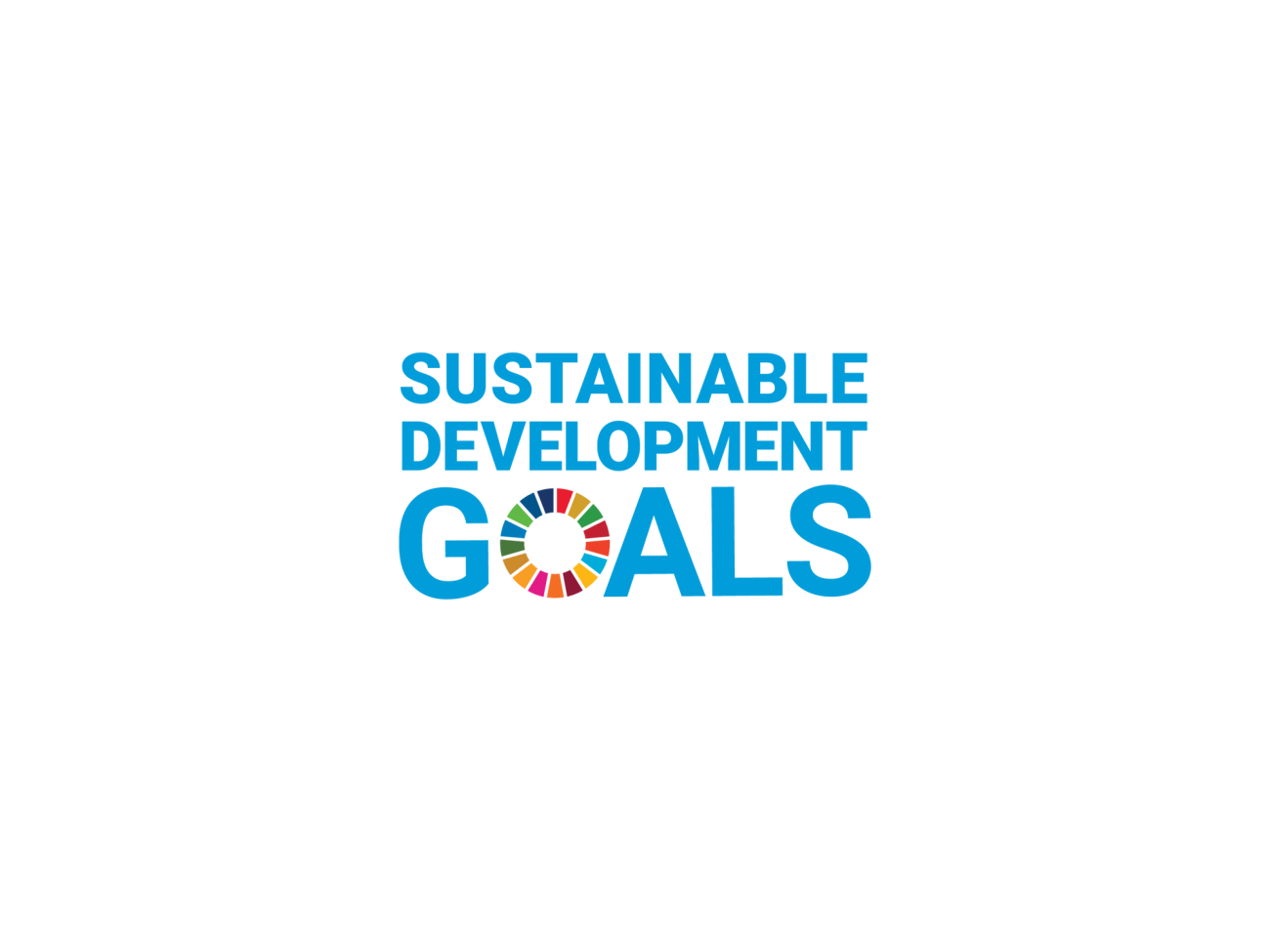 SDG logo, blue letters reading "Susteinable Development Goals", the letter O in goals is made up of a colour scale