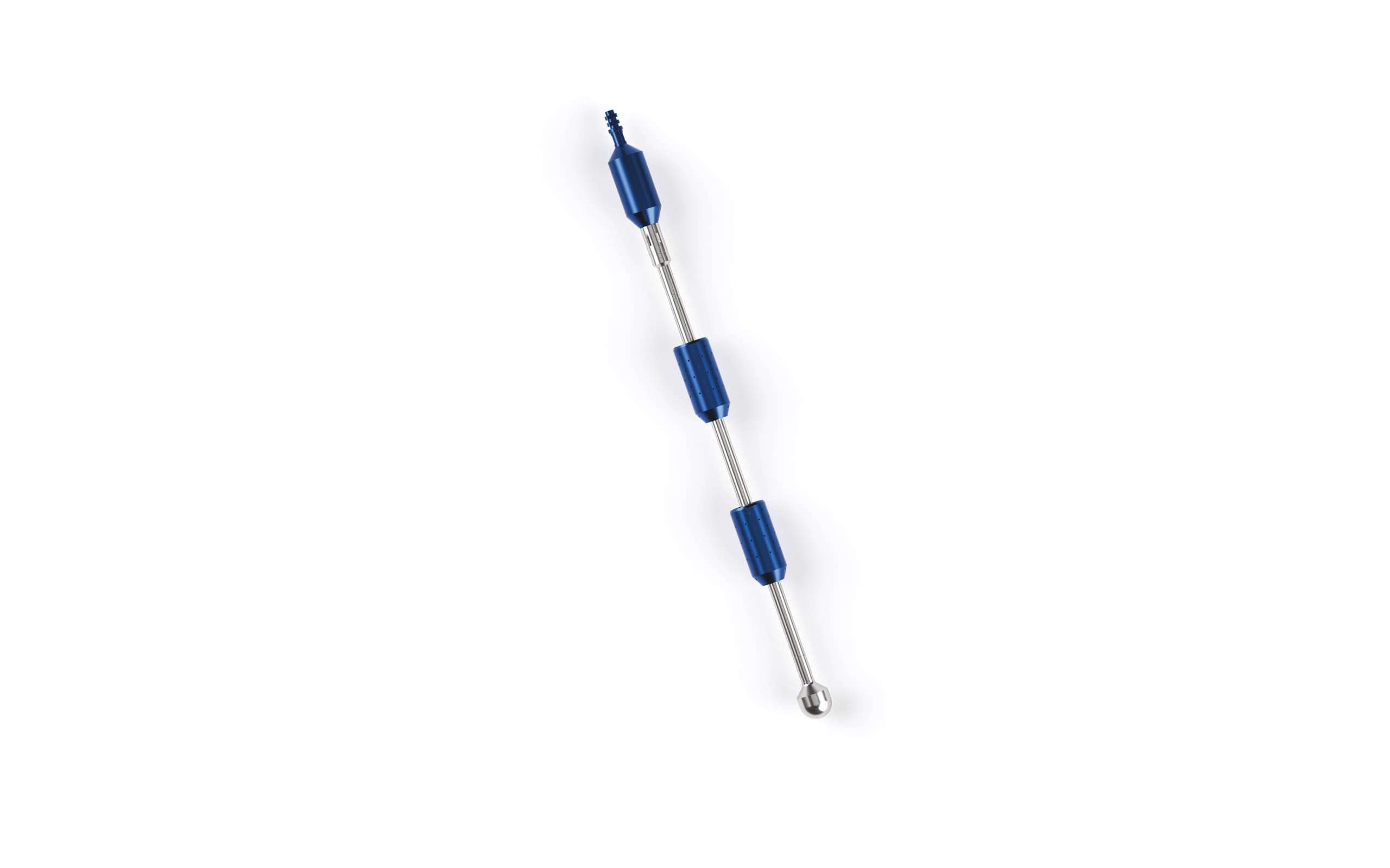 Long metal rod with blue thicker tubes along the rod