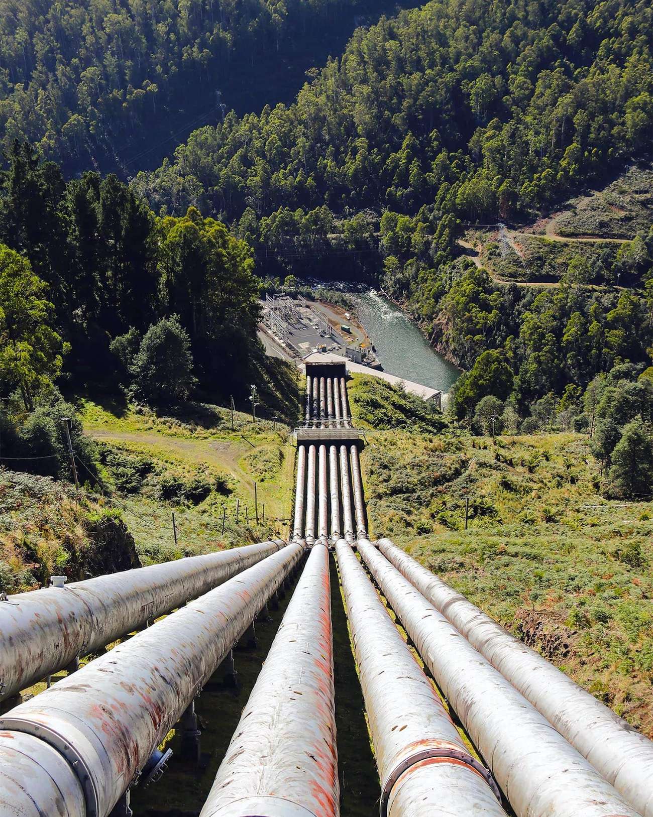 Six water pipelines coming down a hill into a forested valley