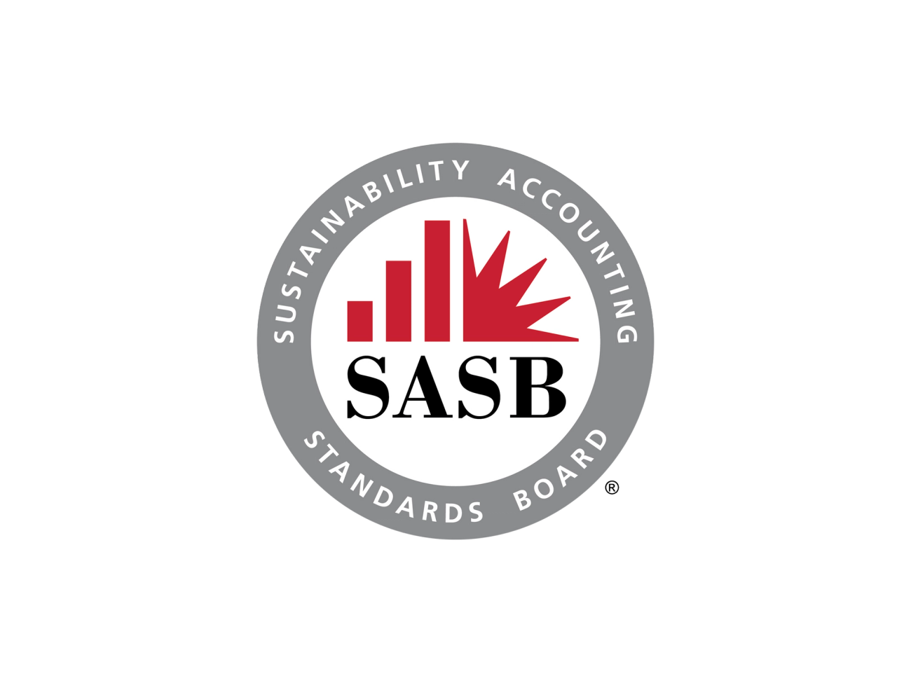 SASB logo, white circle with thick grey border, SASB in black in center with 3 red bars on the left top and part of a star on right top. Grey border text reads: "Sustainability Accounting Standards Board"