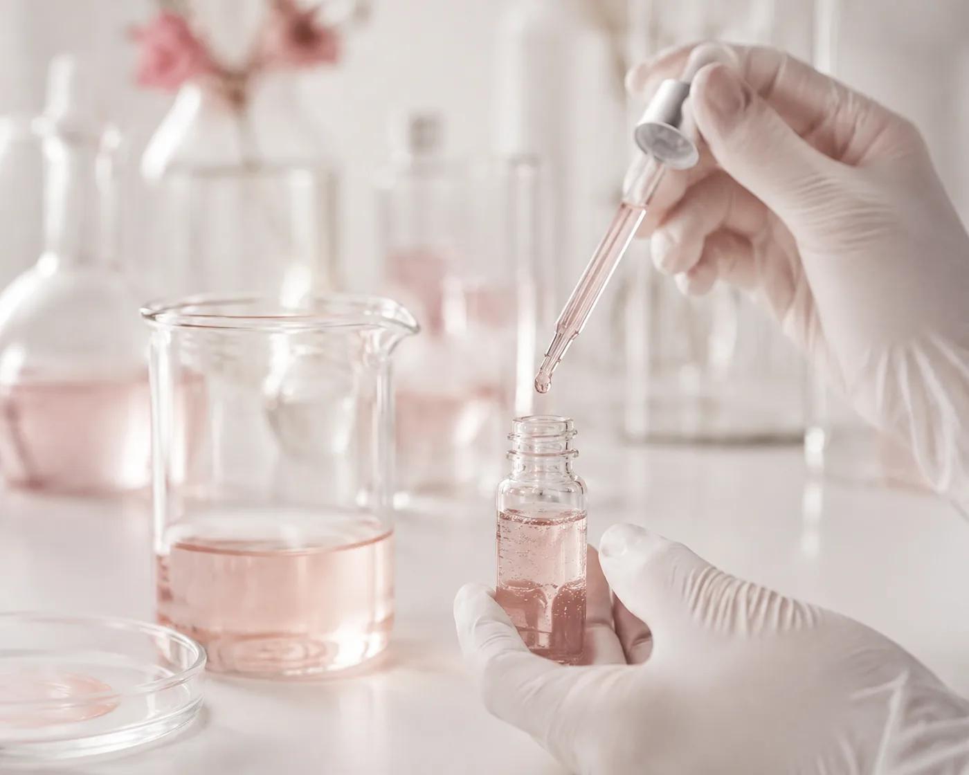 A gloved hand pipetting a sample into a small bottle on a formulation bench