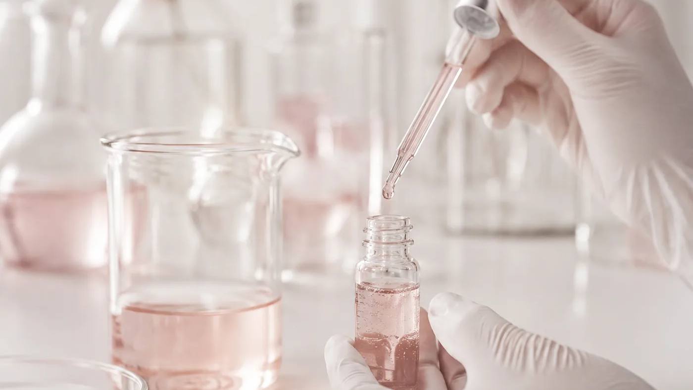 A gloved hand pipetting a sample into a small bottle on a formulation bench