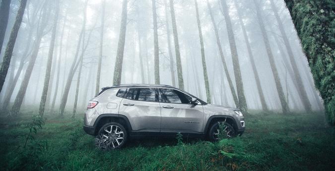 Grå SUV som står i skogen