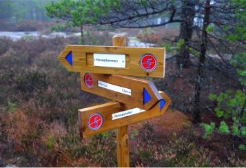 Turskilt plassert i skogen.