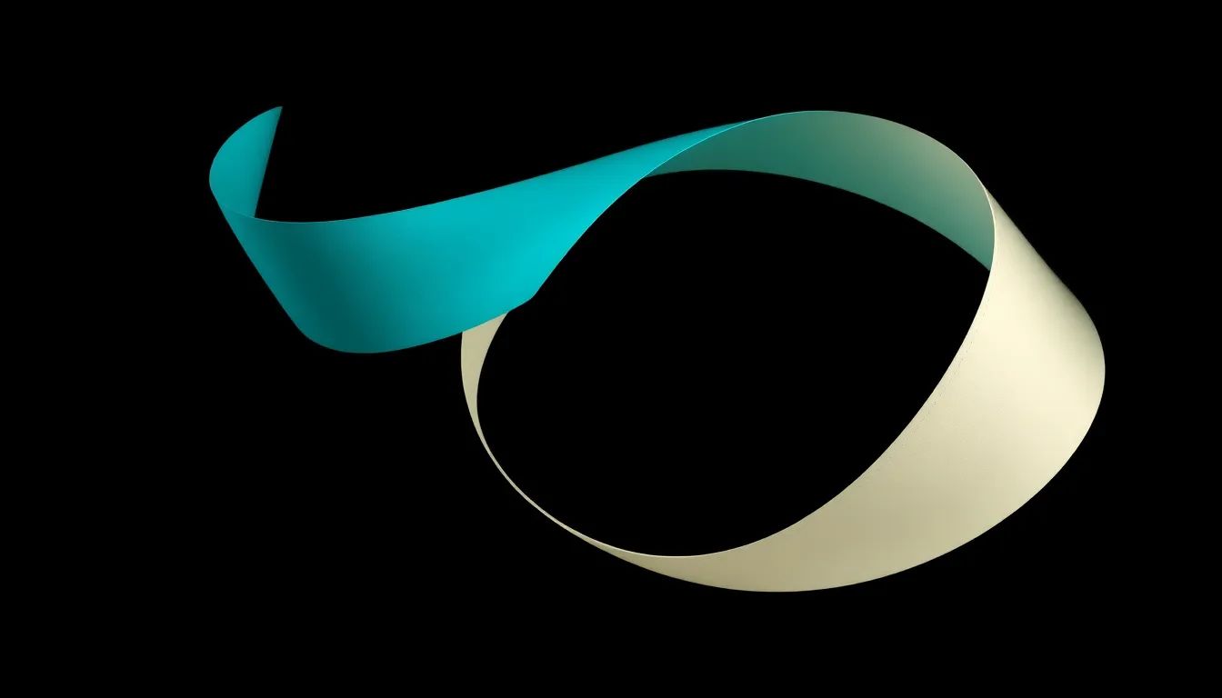 Two electric teal and ivory ribbons spiralling on an onyx background