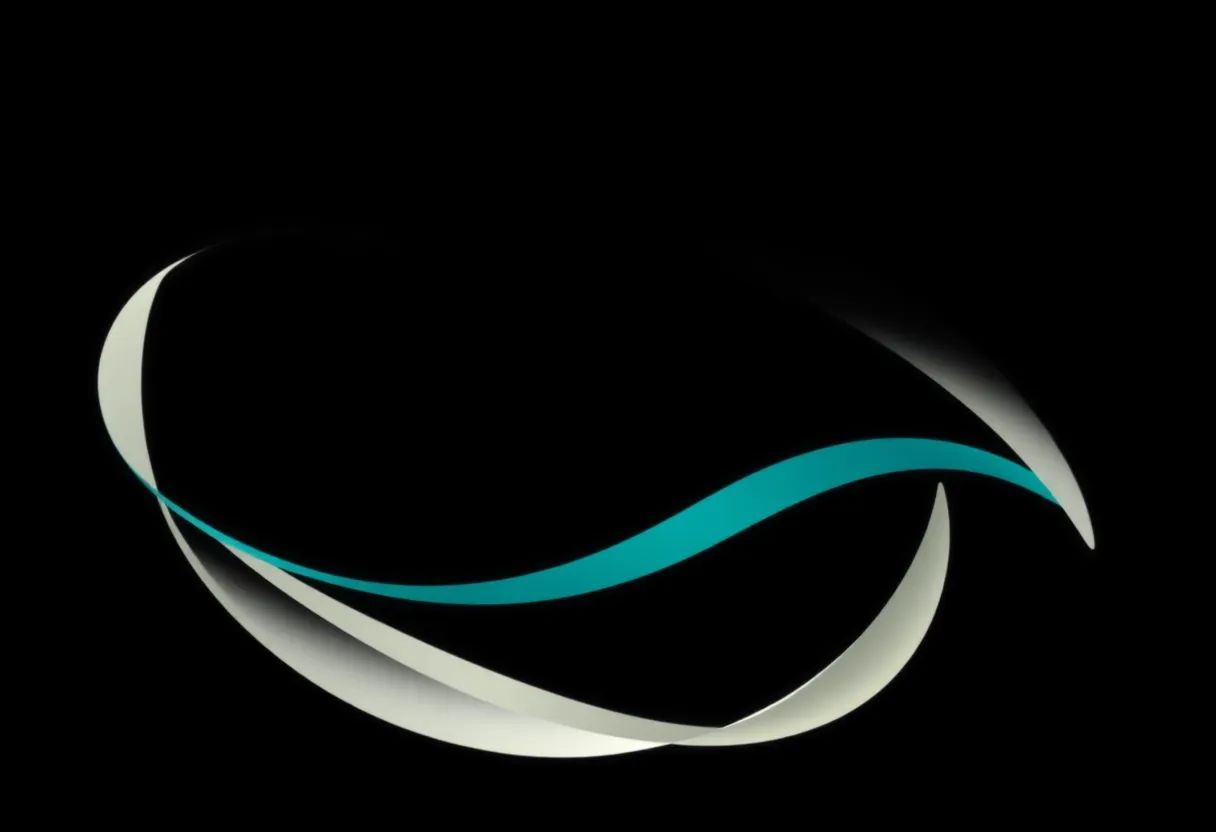 Abstract intertwining teal and ivory strands curving across an onyx background, echoing woven performance fabric