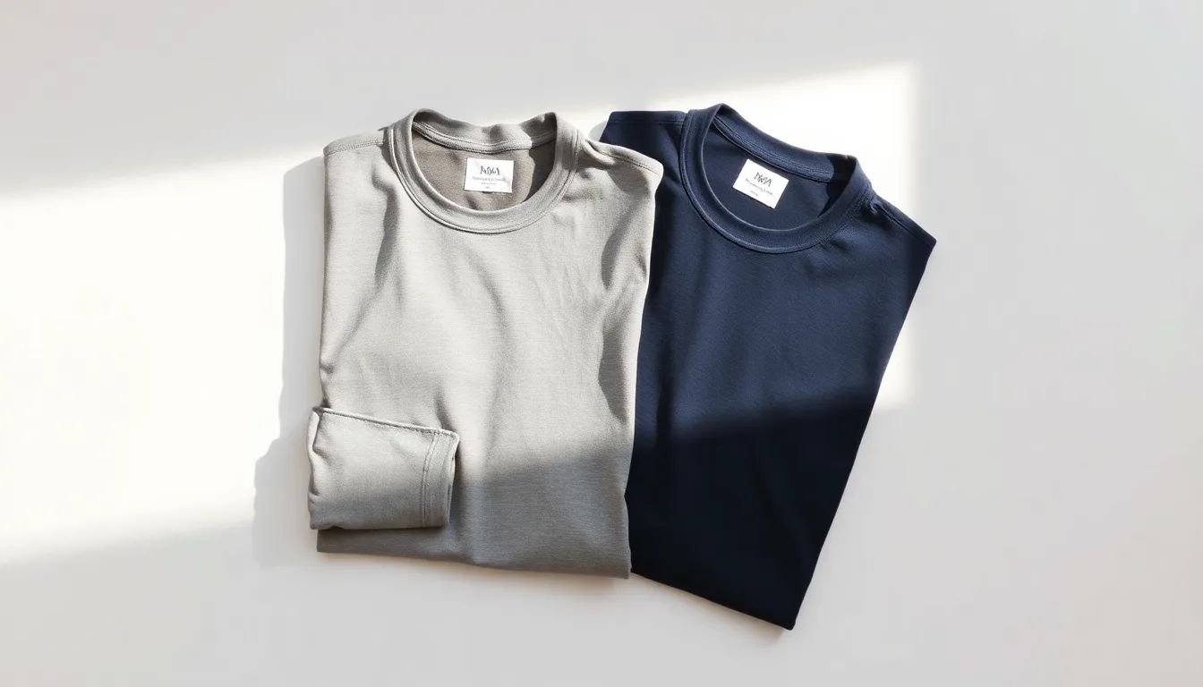 Two shirts side by side under light, one grey showing a damp patch and one deep navy staying clean